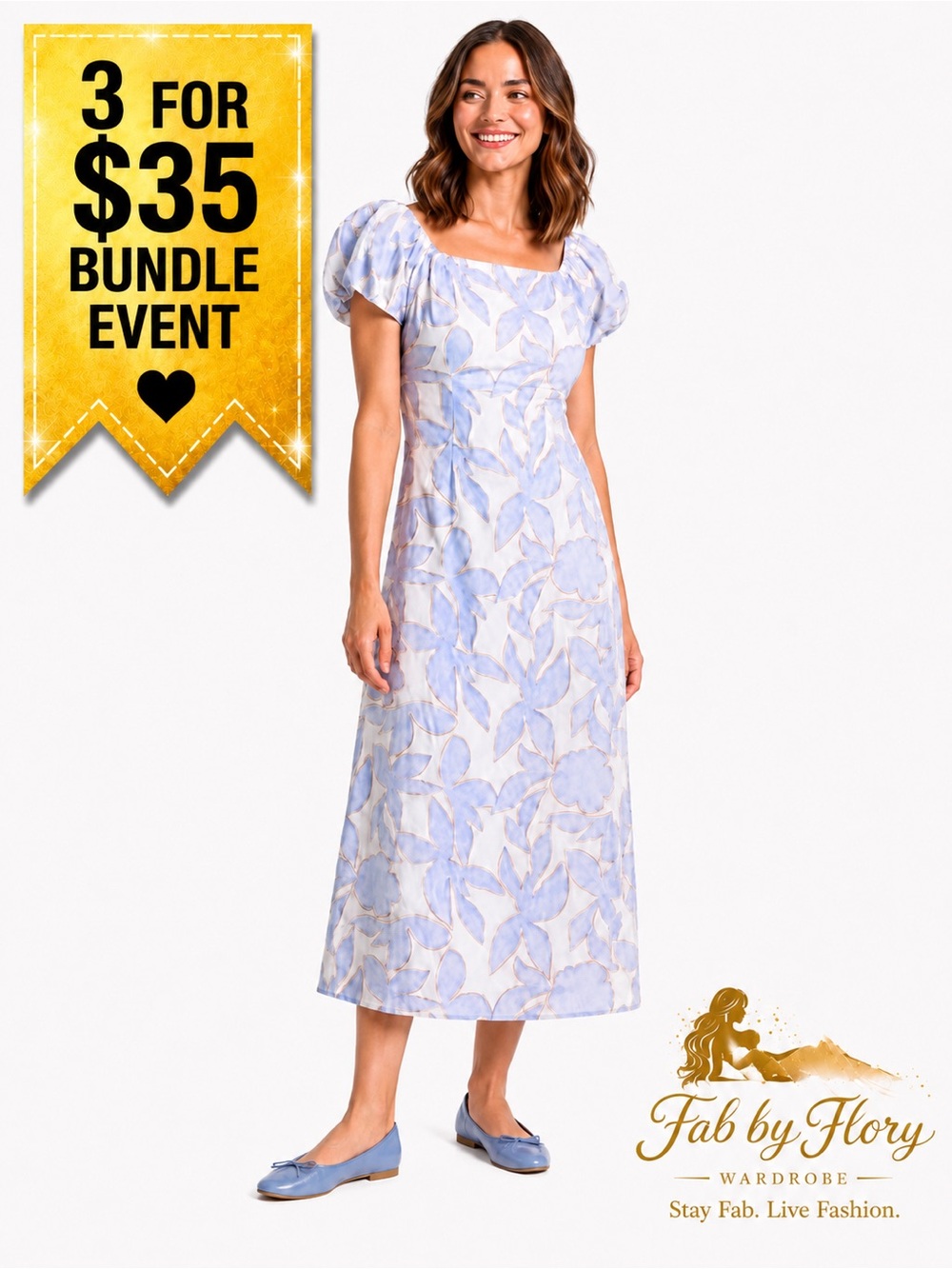 A New Day ✨ Women's Puff Sleeve Square Neck Midi Dress